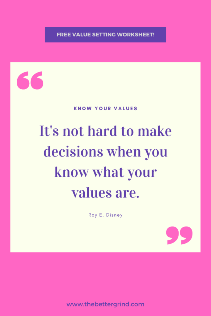 Supercharge your goals with this free value setting worksheet! Set your values for the year to come. Inspirational Quote: "It's not hard to make decisions when you know what your values are" - Roy E. Disney