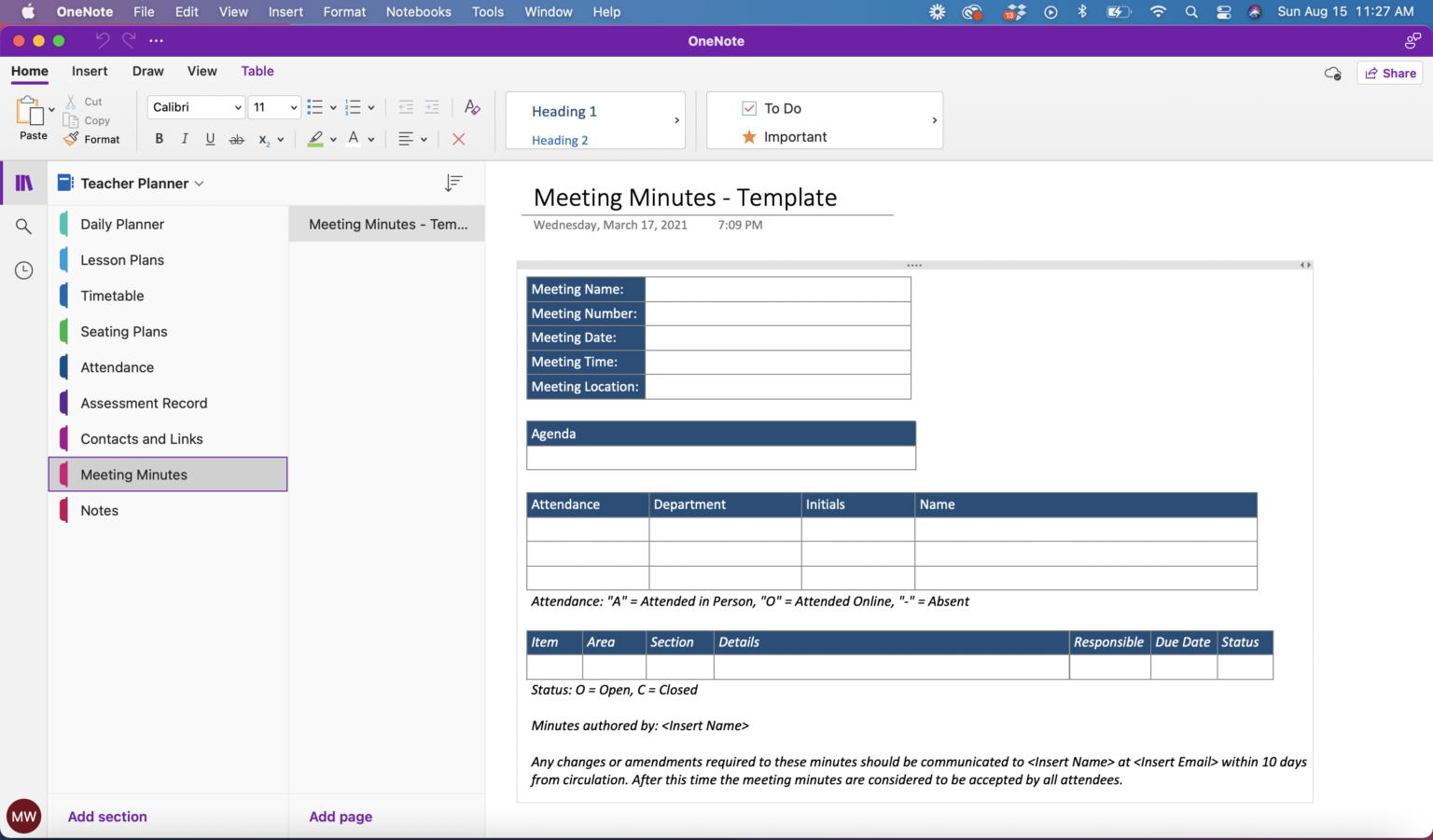 onenote agenda template download