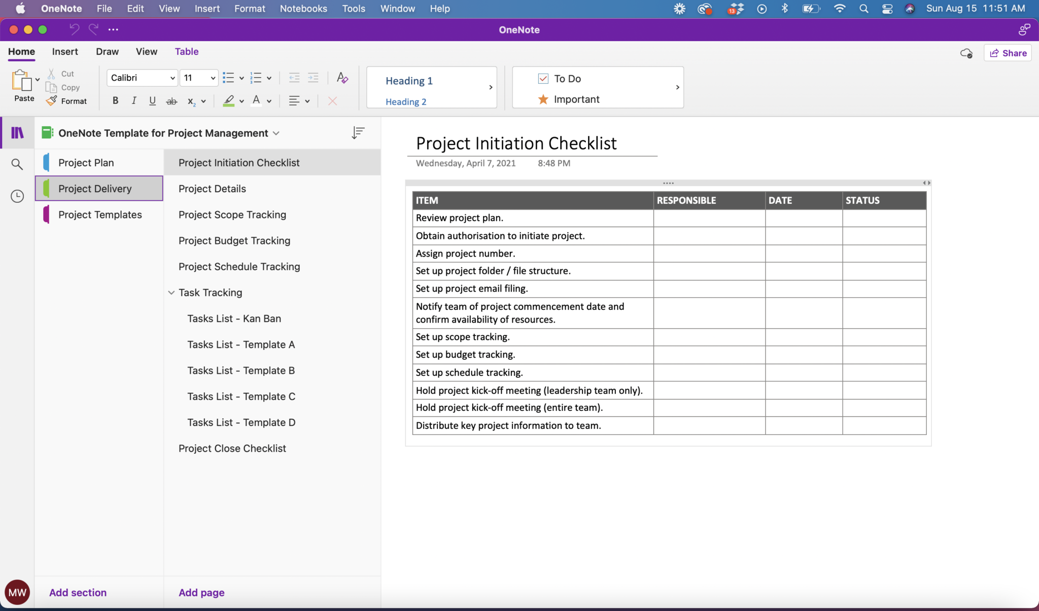 onenote project management template