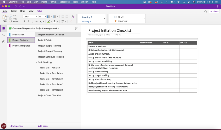 onenote for project management templates