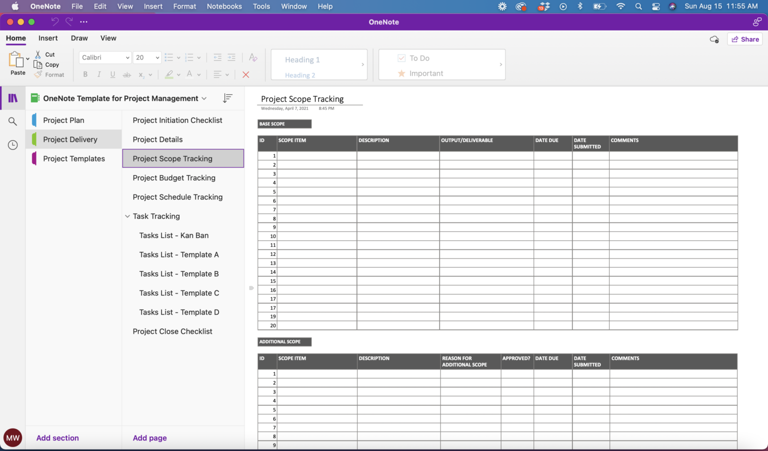 onenote project plan template