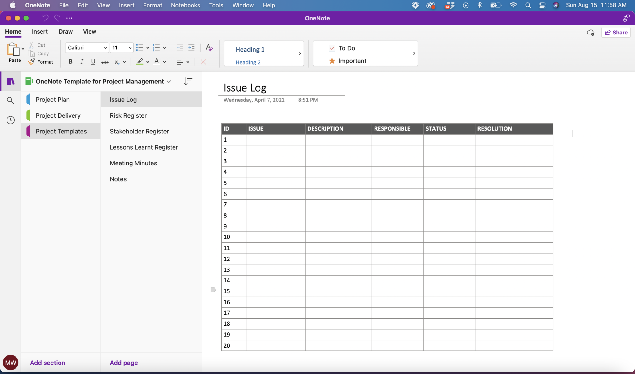 onenote project management templates free