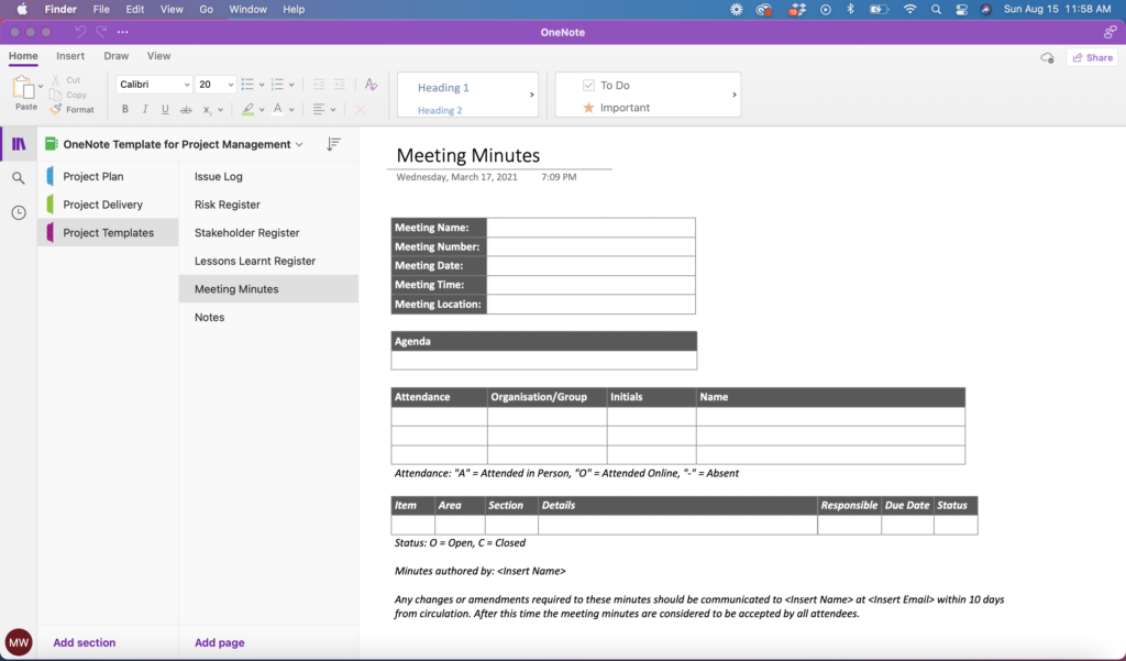 project planning onenote project management template